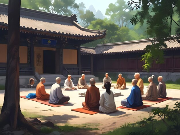 un groupe de personnes assises dans un temple avec le mot bouddha sur le devant