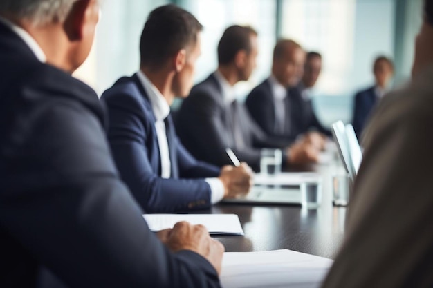 un groupe de personnes assises à une table de conférence avec un homme en costume et cravate