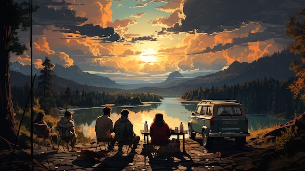 Un groupe de personnes assises à une table devant un lac de montagne