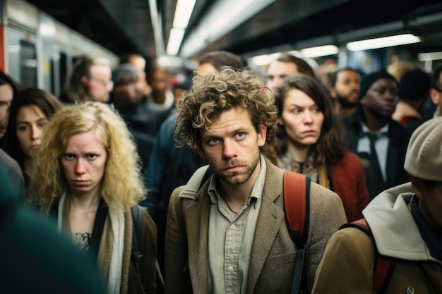 Groupe de personnes attendant un train à la station de métro de Budapest Une image à couper le souffle capturant un groupe de personnes dans une station de métro chaotique attendant le départ du train Généré par l'IA