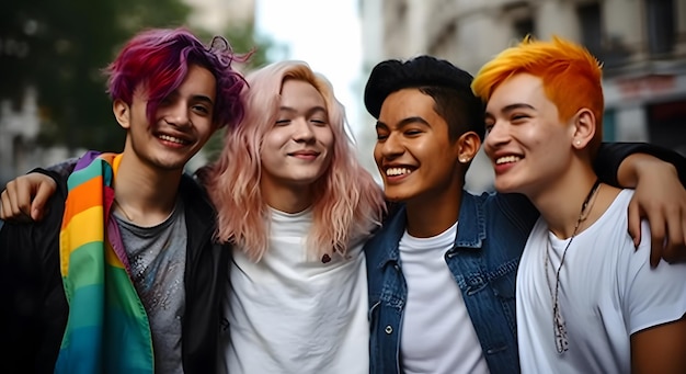 Un groupe de personnes aux cheveux colorés se tient ensemble.