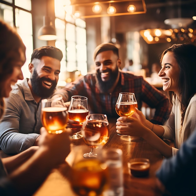 Photo un groupe de personnes buvant de la bière dans un pub-restaurant de brasserie amis heureux ia générative