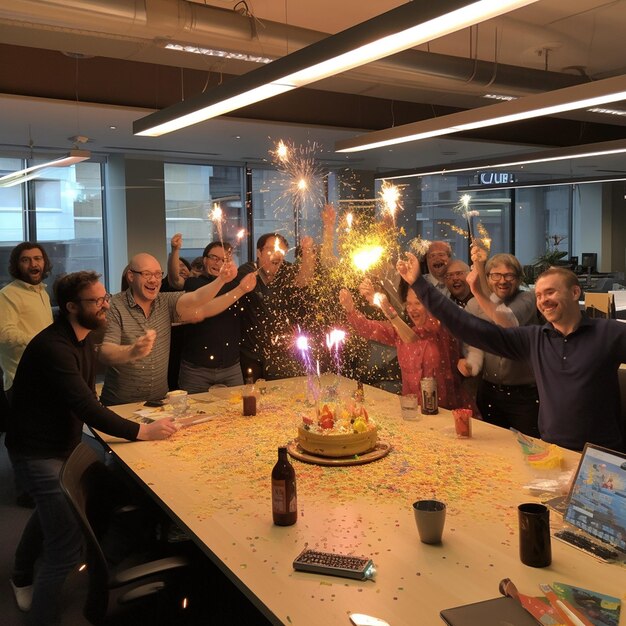 un groupe de personnes célébrant un anniversaire avec un gâteau et des bougies au premier plan.