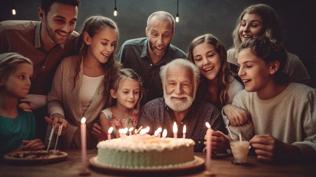 Un groupe de personnes célébrant un anniversaire avec un gâteau et des bougies