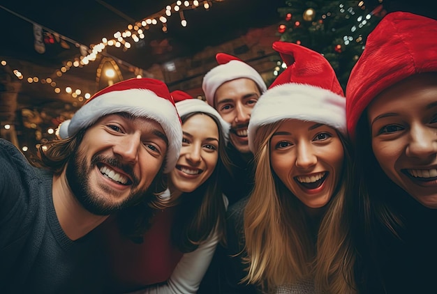 un groupe de personnes célébrant Noël dans des chapeaux de Père Noël avec des amis dans le style social