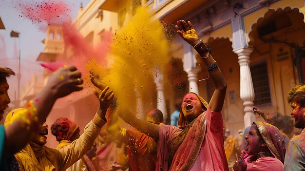 Un groupe de personnes célèbre la fête hindoue Holi. Ils se jettent de la poudre colorée les uns sur les autres et dansent.