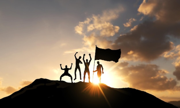 Un groupe de personnes célèbrent au sommet d'une montagne avec un rendu de drapeau d