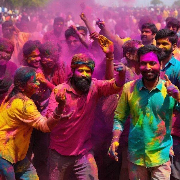 un groupe de personnes célèbrent avec de la poudre colorée