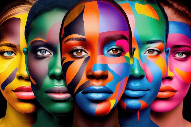 Groupe de personnes chacune avec son propre collage de visage coloré représentant la diversité