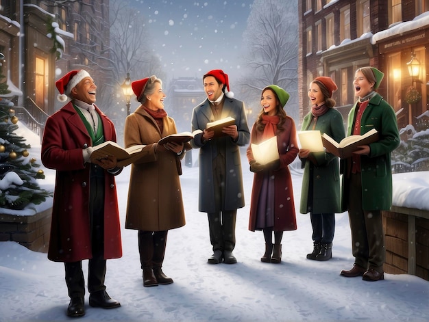 un groupe de personnes chantant dans une rue enneigée avec un arbre de Noël