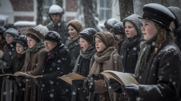 Un groupe de personnes chante dans la neige