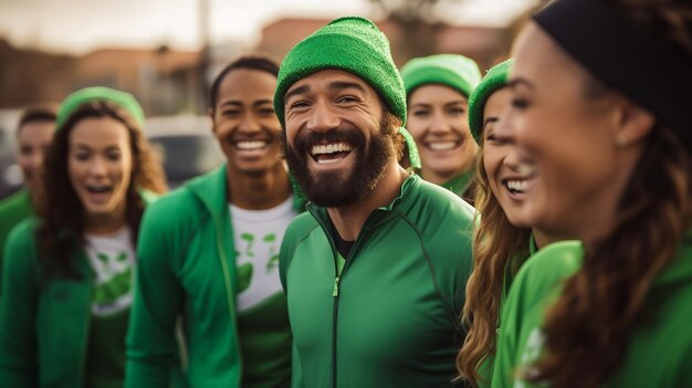 Groupe de personnes en chemises vertes courant dans une rue Unité active Travail d'équipe Fun St Patrick's Day