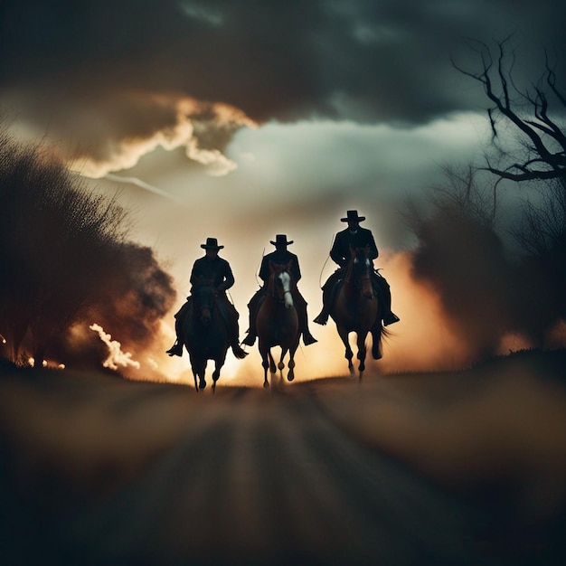 Un groupe de personnes à cheval dans un champ avec un coucher de soleil en arrière-plan.