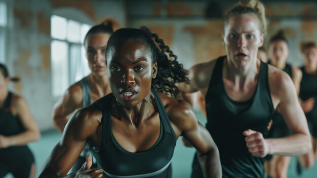 Photo un groupe de personnes concentrées qui courent pendant une séance d'entraînement à haute énergie dans un gymnase