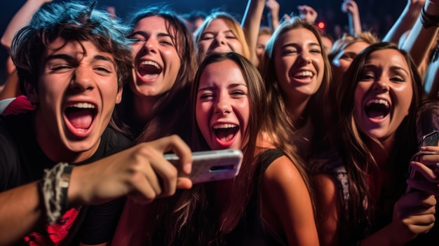 Photo un groupe de personnes à un concert, l'un d'eux tient un téléphone.