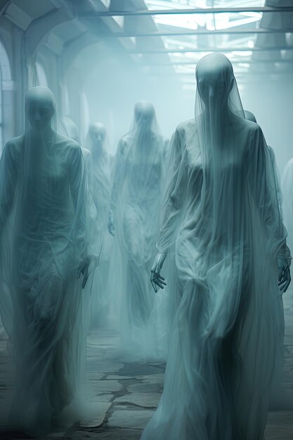 Photo un groupe de personnes en costumes blancs traversent une pièce