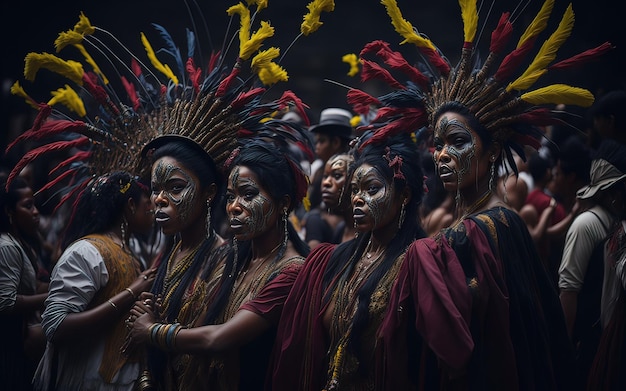 Un groupe de personnes en costumes avec des plumes sur la tête se tient dans un défilé.