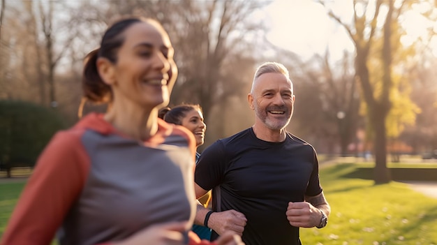 Un groupe de personnes courant dans un parc, l'un d'eux porte une chemise qui dit "je suis un coureur"