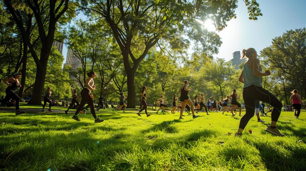 Un groupe de personnes courent dans un parc par une journée ensoleillée. Ils portent tous des vêtements d'athlétisme et semblent s'amuser.