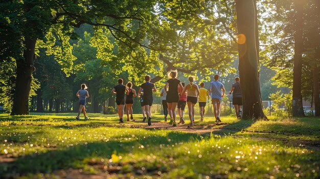 Photo un groupe de personnes courent dans un parc le soleil brille à travers les arbres les coureurs sont tous d'âges et de niveaux de forme différents