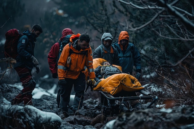 Un groupe de personnes dans les bois avec un homme sur une civière