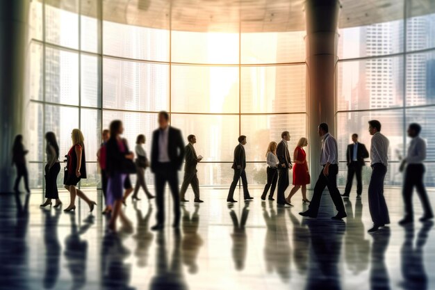 Groupe de personnes dans le hall du centre d'affaires