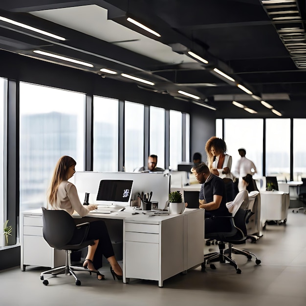 groupe de personnes dans un lieu de travail assis sur des bureaux et travaillant dans le bureau moderne