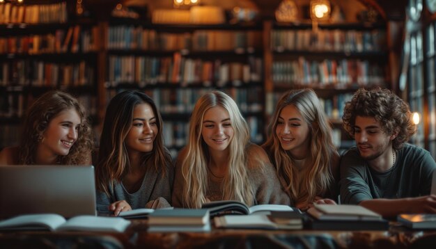 Groupe de personnes dans une pièce Un groupe diversifié de jeunes personnes assises autour d'une table engagées dans des activités sur un ordinateur portable