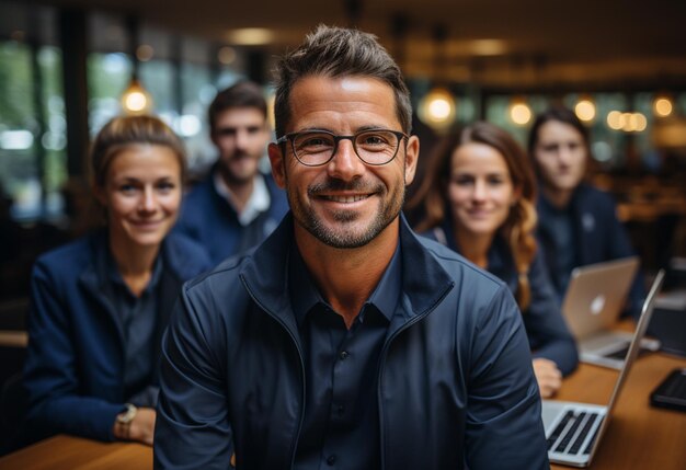 Photo un groupe de personnes dans une salle de réunion avec un homme portant des lunettes.