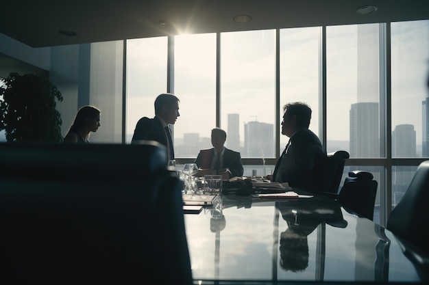 Un groupe de personnes dans une salle de réunion avec un paysage urbain en arrière-plan.