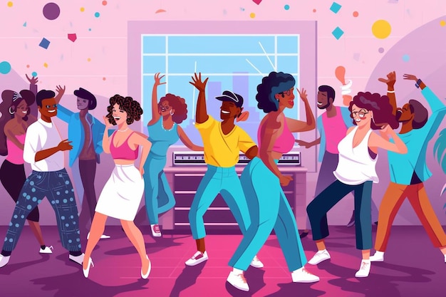 Un groupe de personnes dansant dans une cuisine avec des confettis colorés en arrière-plan.
