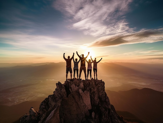 un groupe de personnes debout au sommet d'une montagne avec le soleil derrière eux.