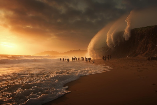 Un groupe de personnes debout au sommet d'une plage de sable fin