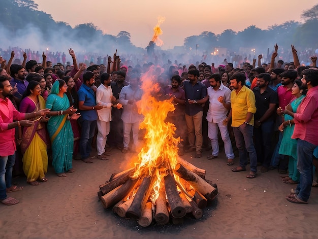 un groupe de personnes debout autour d'un feu avec beaucoup de gens autour de lui