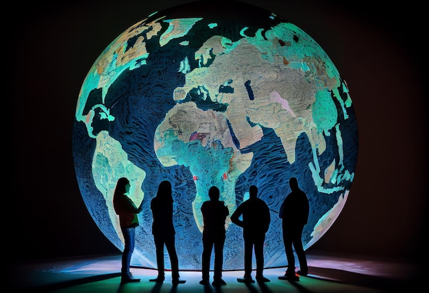 Un groupe de personnes debout autour d'un grand globe avec une carte du monde Générer Ai