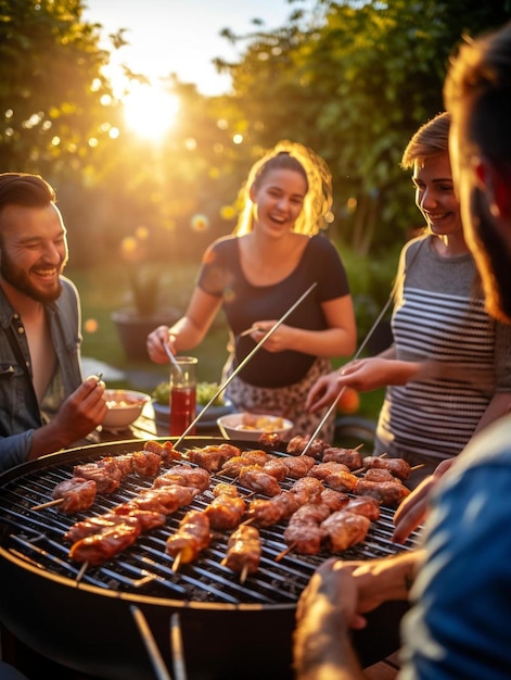 un groupe de personnes debout autour d'un grill avec de la nourriture dessus