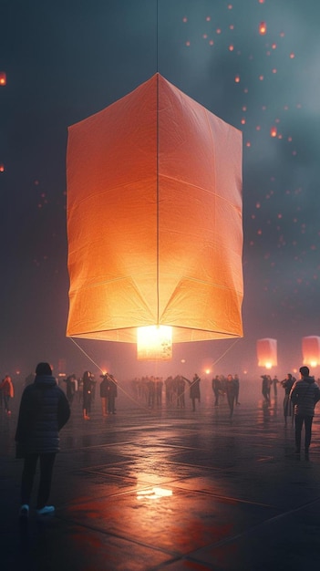 un groupe de personnes debout autour d'une lanterne du ciel