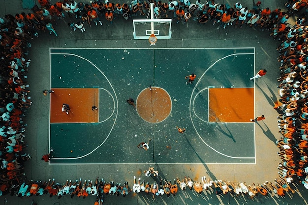 Photo un groupe de personnes debout autour d'un terrain de basket-ball