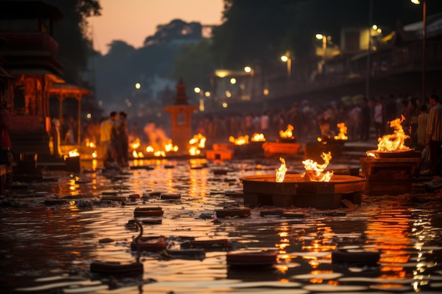 un groupe de personnes debout dans l'eau avec des torches