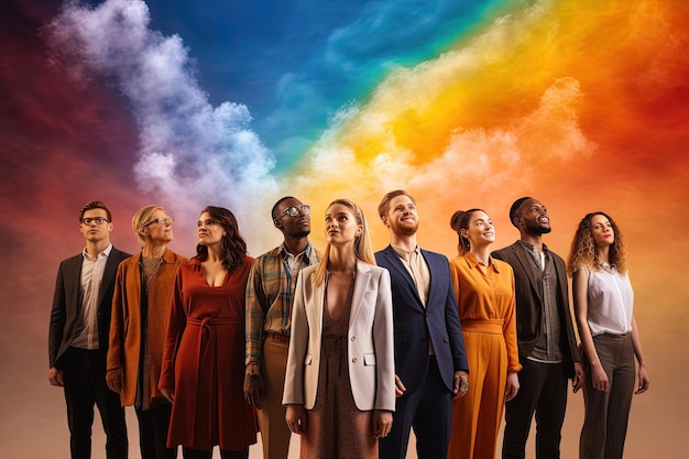 Photo un groupe de personnes debout devant un ciel aux couleurs de l’arc-en-ciel