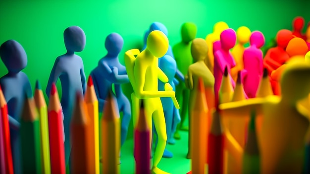 Photo un groupe de personnes debout devant des crayons de couleur ia générative