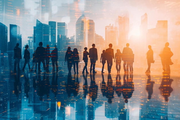 un groupe de personnes debout devant un horizon de la ville