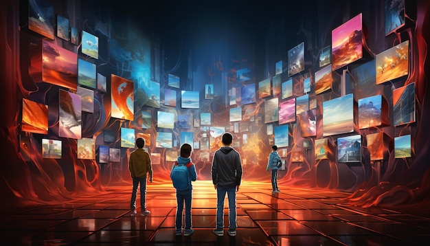 Un groupe de personnes debout devant un mur d'écrans de télévision dans une pièce
