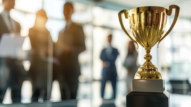 un groupe de personnes debout devant un trophée doré