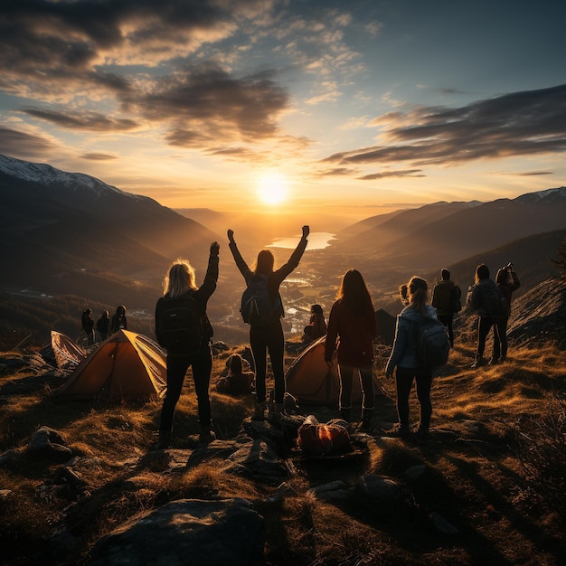 un groupe de personnes debout sur une montagne avec le soleil se couchant derrière eux.