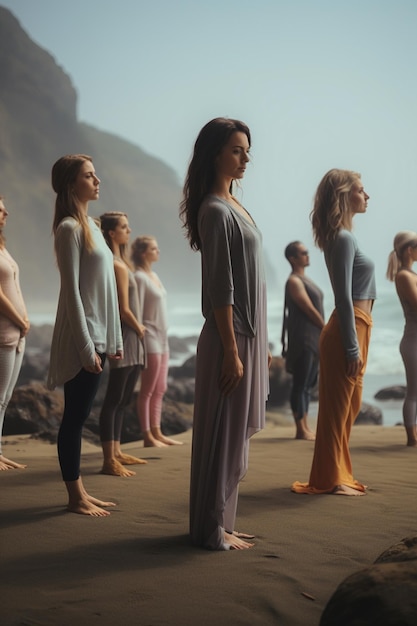 Un groupe de personnes debout sur le sable de la plage, les mains en l'air, méditation