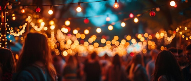 Photo un groupe de personnes debout sous une guirlande lumineuse