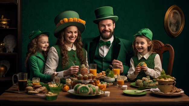 Un groupe de personnes dégustant de la nourriture et des boissons ensemble à une table le jour de Saint-Patrick