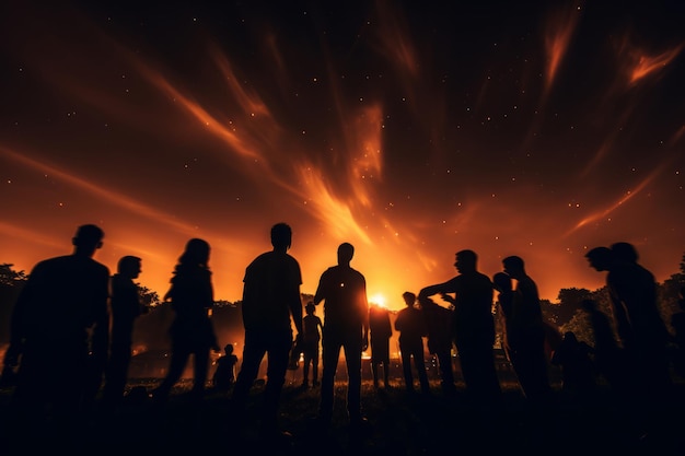 Un groupe de personnes devant le coucher de soleil