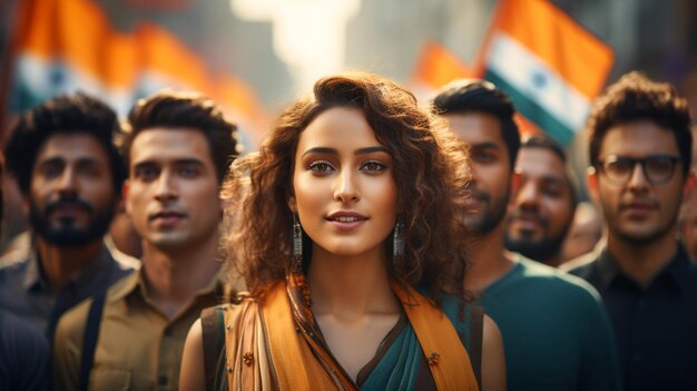 Photo un groupe de personnes devant le drapeau indien concept de célébration de la fête de la république indienne